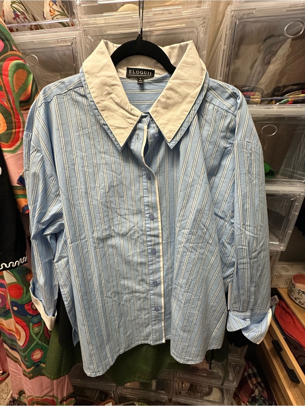 Eloquii Light Blue Striped Button-Down with Cream Contrast Collar